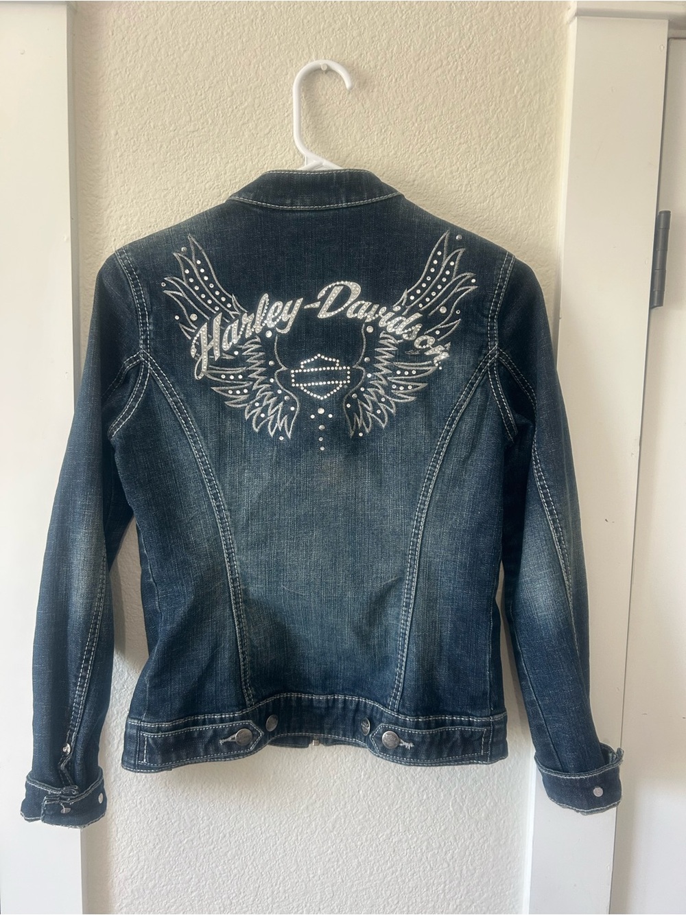 Vintage Harley-Davidson Dark Blue Denim Jacket with Silver Winged Embroidery